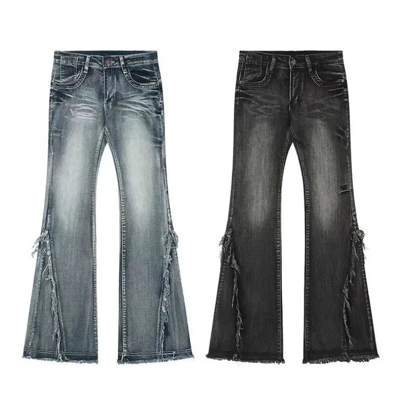 Women's Ruffled Denim Jeans, Retro American Style, Low Rise, High Elasticity, Slimming, Wide Leg, Mop Pants, Autumn