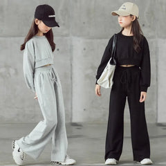 Girls' solid color outfit set, long-sleeved cropped sweater and pants, 2 pieces, new spring-autumn fashion, casual suit for children aged 4 to 12 years