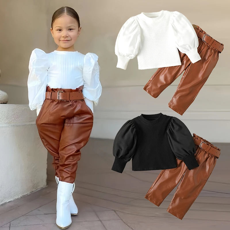 Ensemble de vêtements pour enfants filles, chemisier côtelé à manches longues bouffantes + pantalon en cuir PU avec ceinture, 2 pièces pour vêtements pour filles, taille 1 2 3 4 5 6