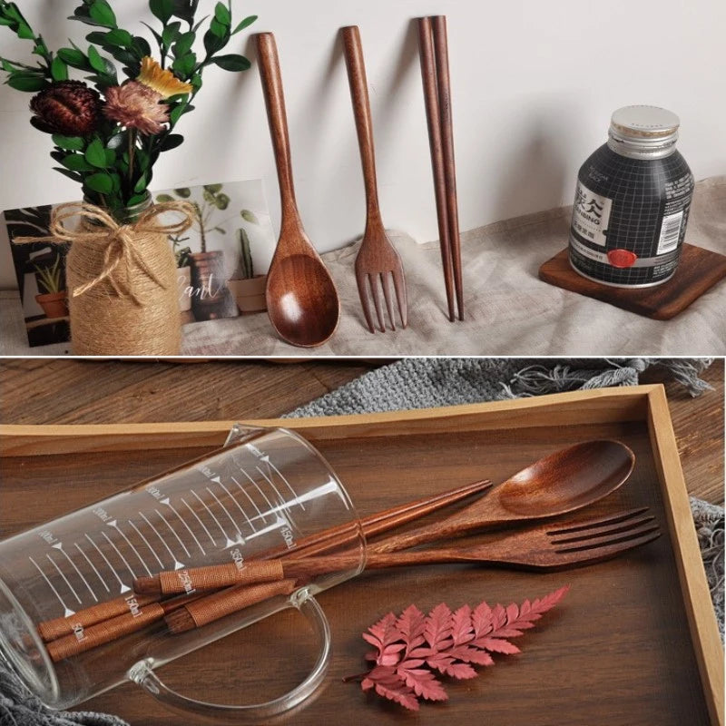 Ensemble de vaisselle en bois cuillère fourchette baguettes avec sac en tissu ensemble de couverts en bois vaisselle couverts fournitures ménagères portables
