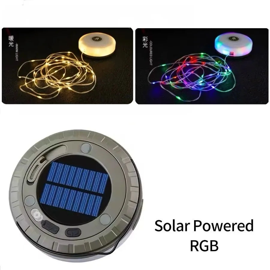 Solar lights, outdoor camping light, 10-meter string light, outdoor tent light, RGB atmosphere light, LED flashlight with hook