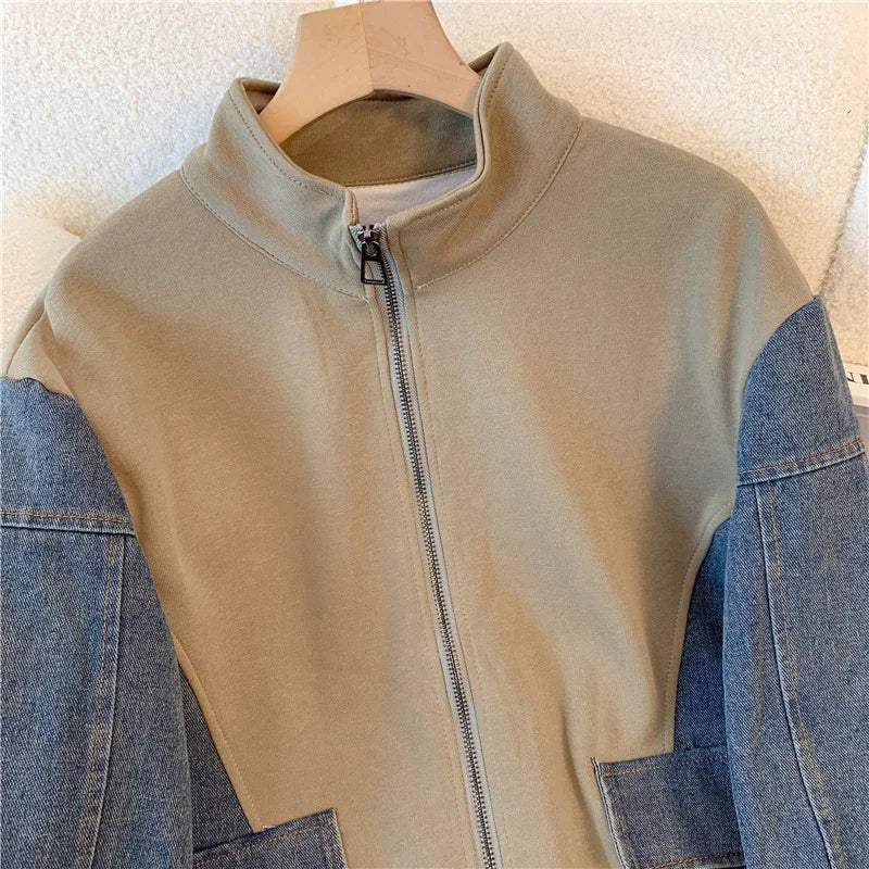 Ensemble pantalon en Denim, col montant, Patchwork, manteaux de rue, hauts à jambes larges, jean gothique droit, Vintage, ensemble deux pièces Simple
