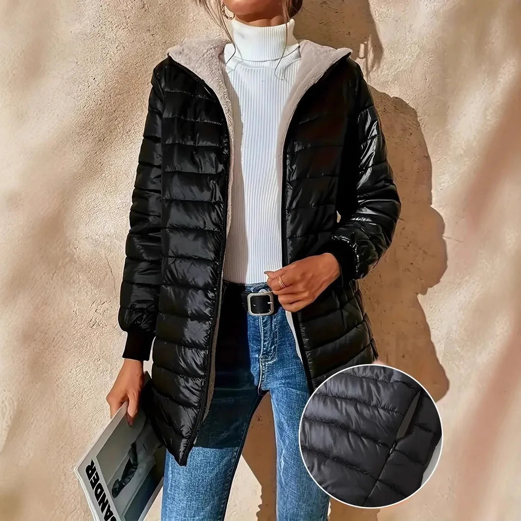 Women's fleece-lined cotton jacket, warm top, loose fit, lightweight, hooded, cotton coat, street style, trendy, autumn/winter