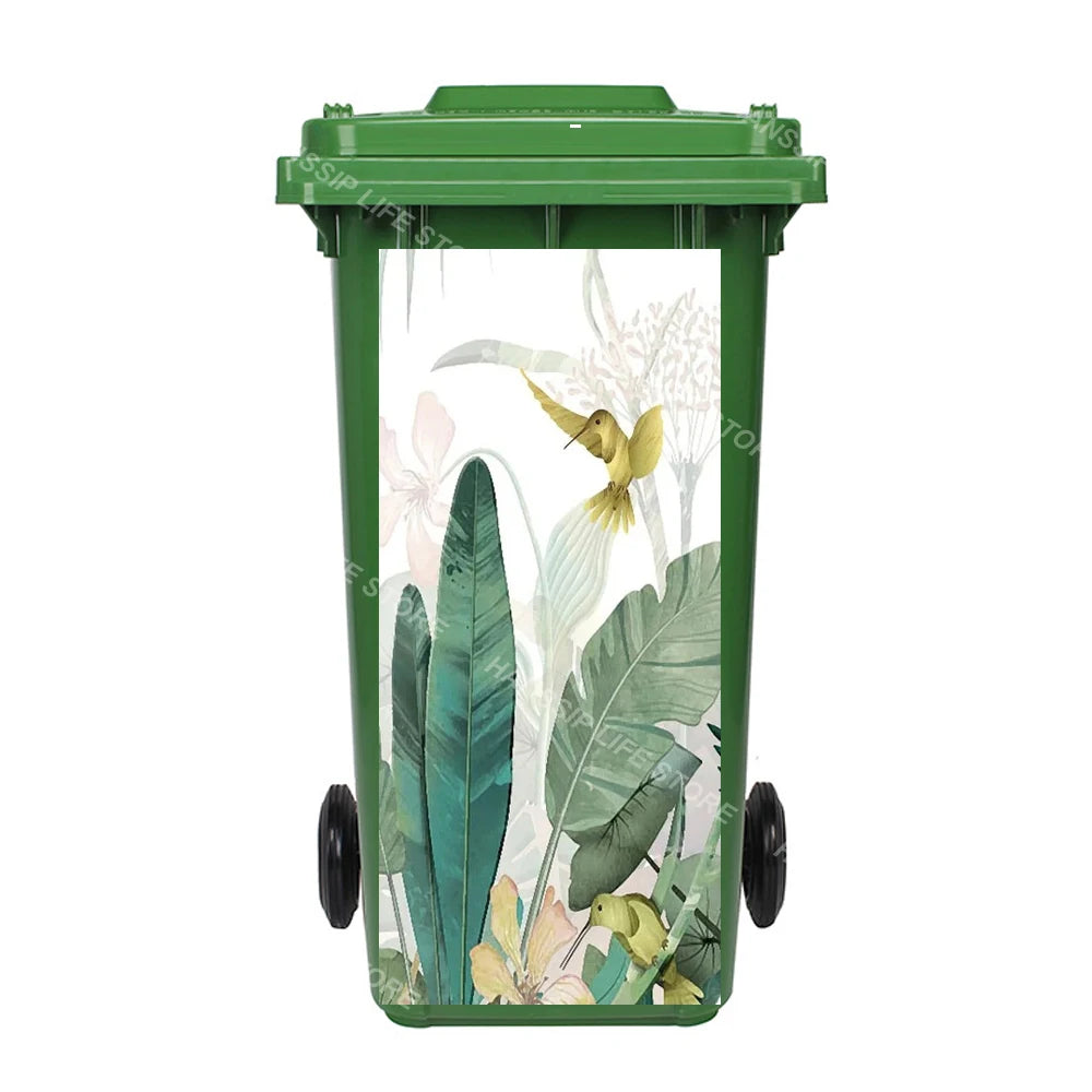Autocollant imperméable en PVC pour poubelle d'extérieur, plantes tropicales, art mural, autocollants pour poubelle, pingouin et cuir chevelu