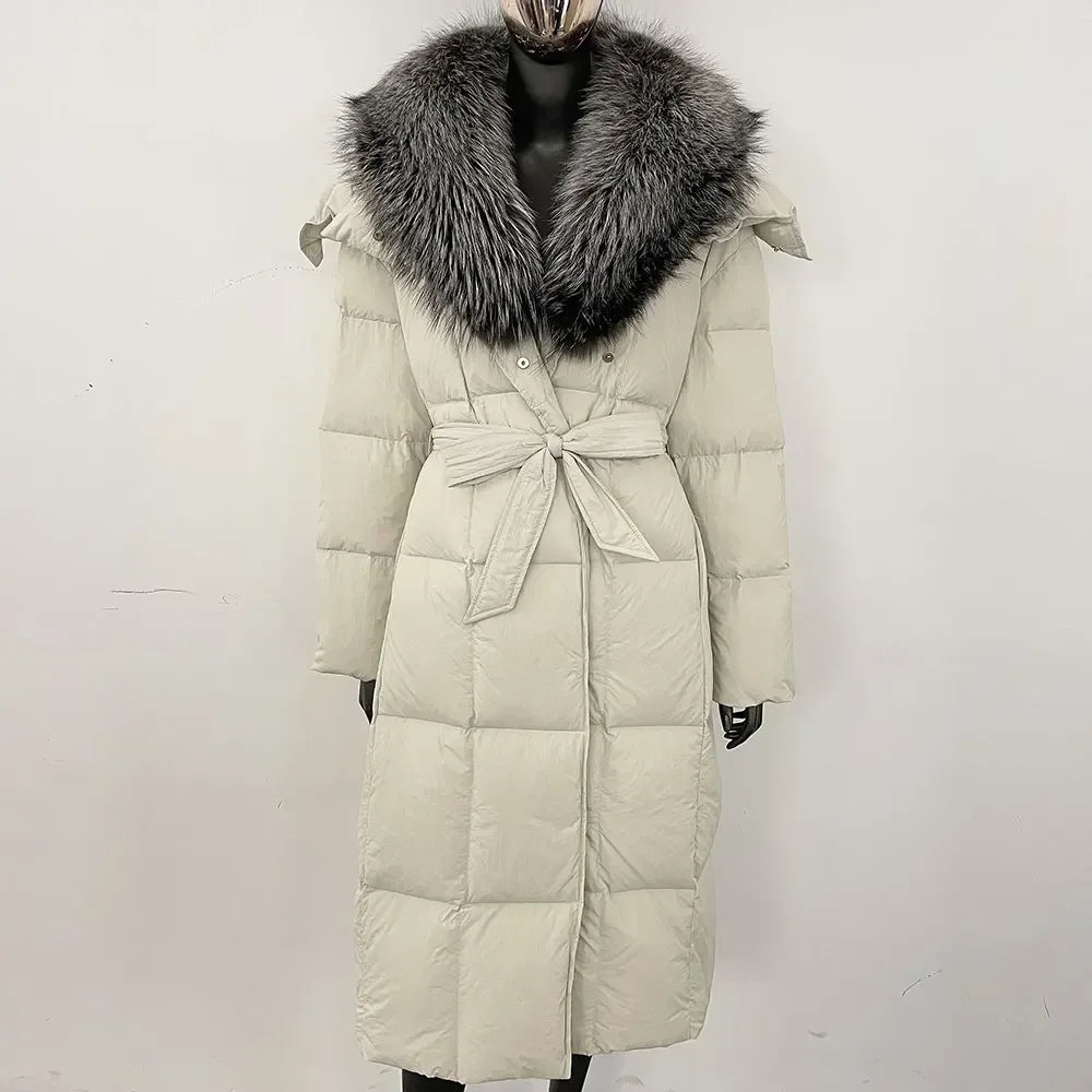 Veste d'hiver chaude et élégante pour femme, avec ceinture à capuche, simple boutonnage, col en vraie fourrure de renard, manteau épais et ample en duvet de canard blanc