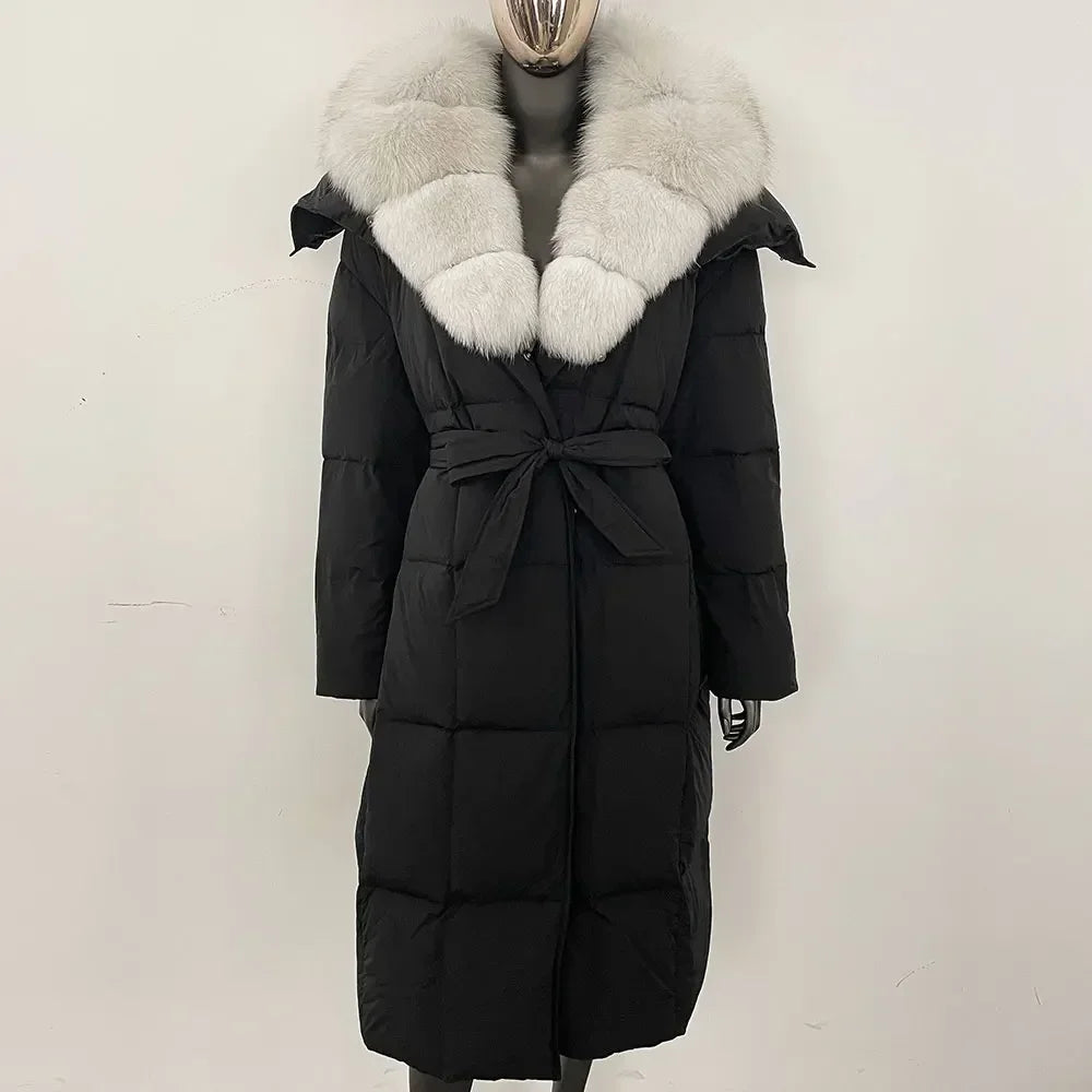 Veste d'hiver chaude et élégante pour femme, avec ceinture à capuche, simple boutonnage, col en vraie fourrure de renard, manteau épais et ample en duvet de canard blanc