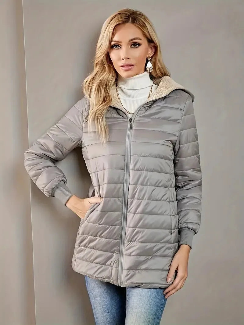 Women's fleece-lined cotton jacket, warm top, loose fit, lightweight, hooded, cotton coat, street style, trendy, autumn/winter