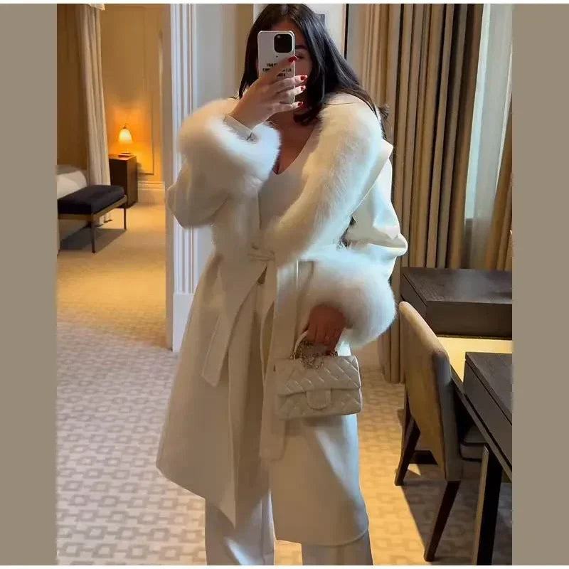 Manteau en laine pour femmes, Patchwork de fourrure solide, mode, manches longues, col en v, à lacets, pardessus Long ample, automne, bureau, vêtements d'extérieur pour dames
