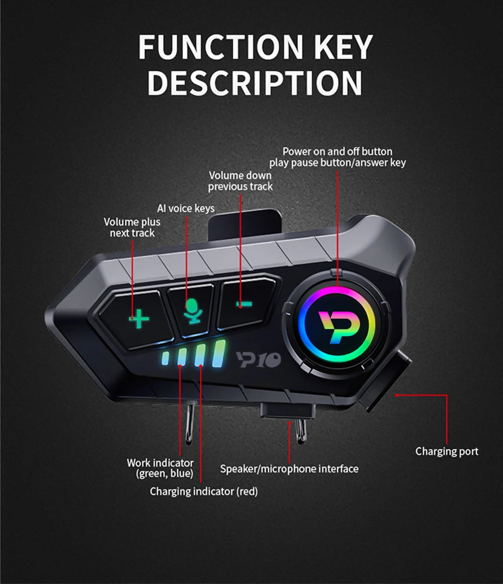 Casque de moto Bluetooth 5.3 sans fil, étanche IPX6, réduction du bruit, écouteur, 2000mAh, longue veille, mains libres