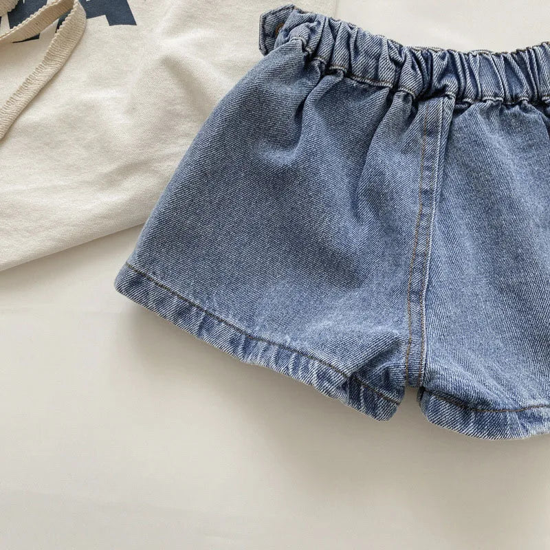 Mode coréenne nouvel été enfants fille jupe short solide taille élastique bouton doux Denim Culotte enfants vêtements polyvalents