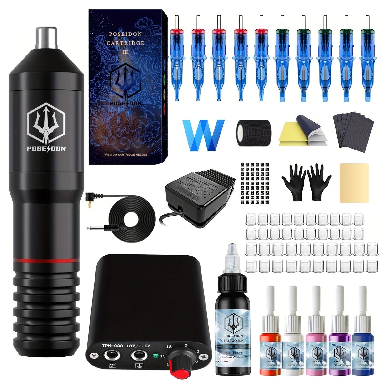 POSEIDON Kit de tatouage Kit de stylo de tatouage de haute qualité pour Kit de Machine de tatouage de maquillage Permanent 10 pièces Kit de pistolet de tatouage noir d'aiguille de tatouage