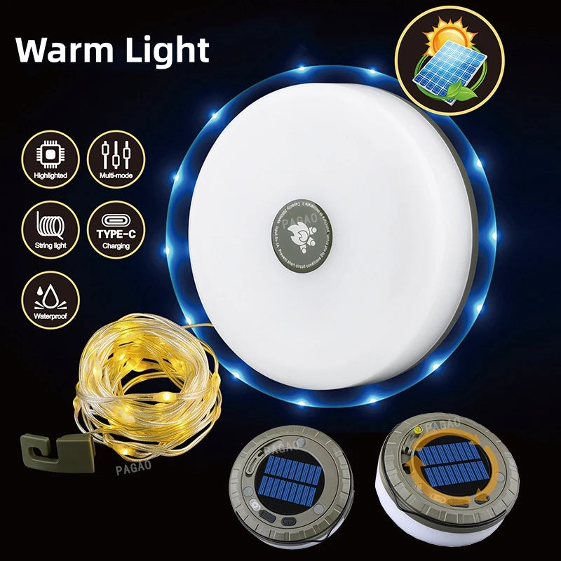 Guirxiété Solar Light for Outdoor Camping, LED Flashlight with Hook, Tent Light, RGB Lights, Stopovers, 10m