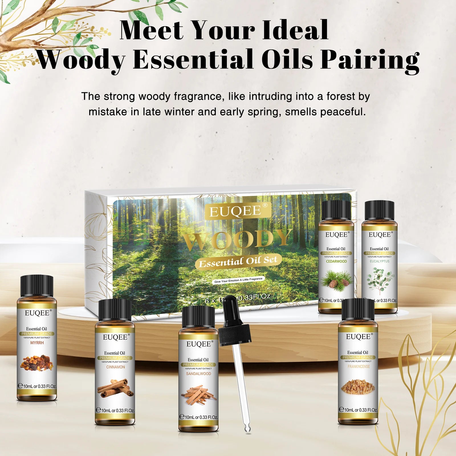 EUQEE – ensemble d'huiles essentielles série Woody, 6 bouteilles, pour aromathérapie, œucalyptus, cèdre, bois de santal, encens, cannelle, myrrh