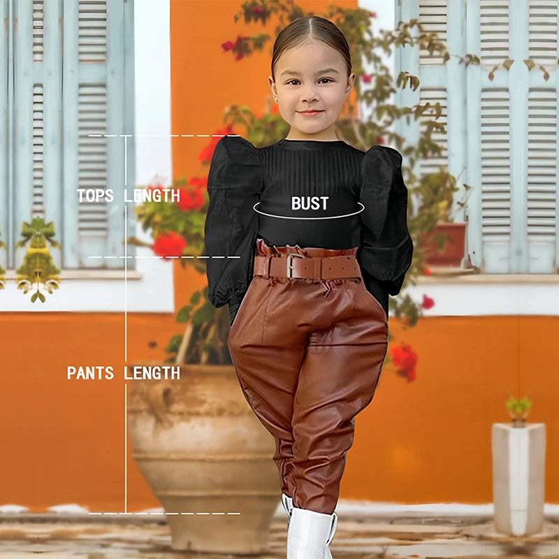 Ensemble de vêtements pour enfants filles, chemisier côtelé à manches longues bouffantes + pantalon en cuir PU avec ceinture, 2 pièces pour vêtements pour filles, taille 1 2 3 4 5 6