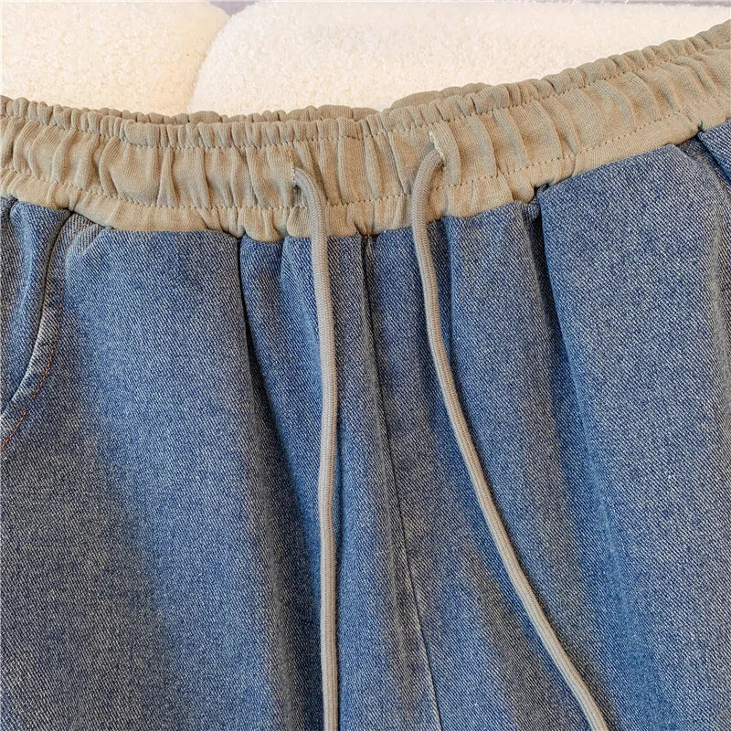 Ensemble pantalon en Denim, col montant, Patchwork, manteaux de rue, hauts à jambes larges, jean gothique droit, Vintage, ensemble deux pièces Simple