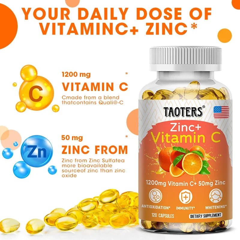 Taoters Supplément Vitamine C + Zinc - Haute Absorption - Système immunitaire, Vitamines pour la santé de la peau - Supplément Antioxydant