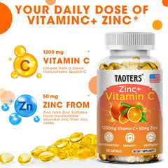 Taoters Supplément Vitamine C + Zinc - Haute Absorption - Système immunitaire, Vitamines pour la santé de la peau - Supplément Antioxydant