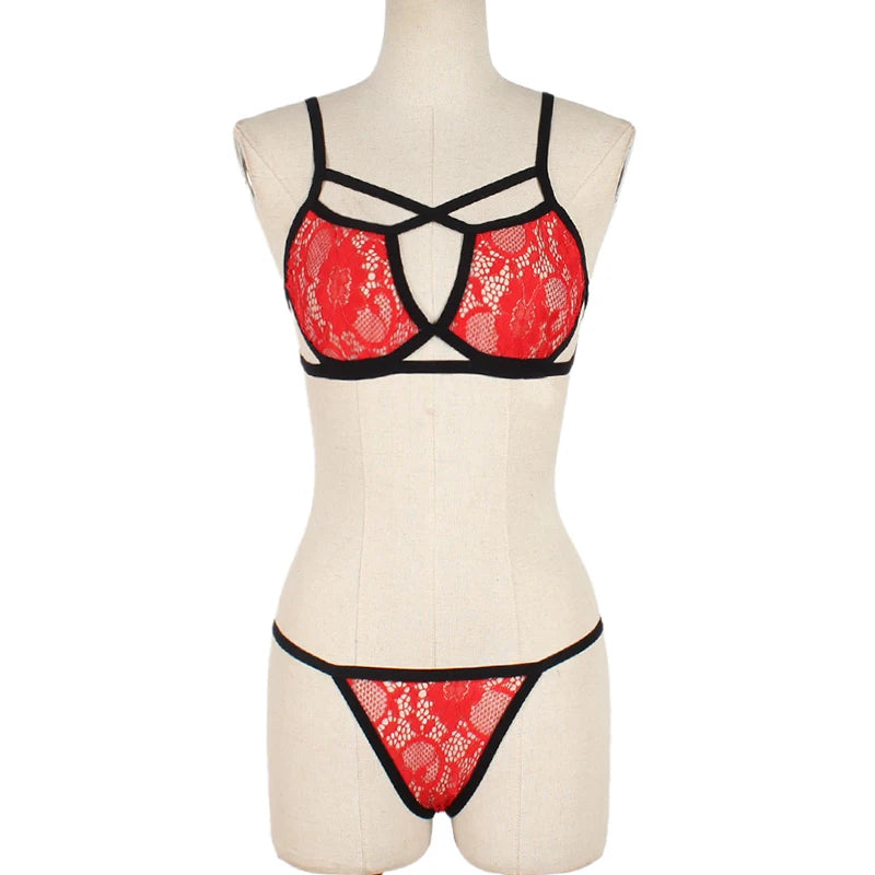 Ensembles de Lingerie érotique pour femmes, jarretelles en dentelle, soutien-gorge et culotte transparents, Costumes Porno féminins, col licou en V profond, ensemble de sous-vêtements Sexy