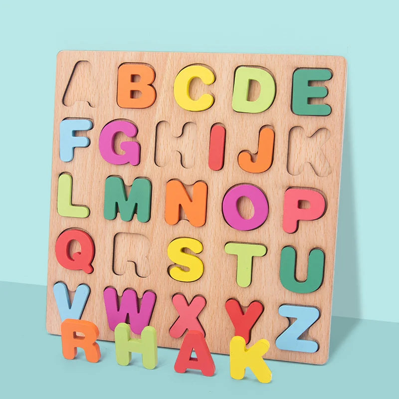 Puzzle en bois en forme de chiffres et de l'alphabet, planche assortie pour bébé, apprentissage précoce, Puzzle 3D, jouets éducatifs préscolaires pour enfants