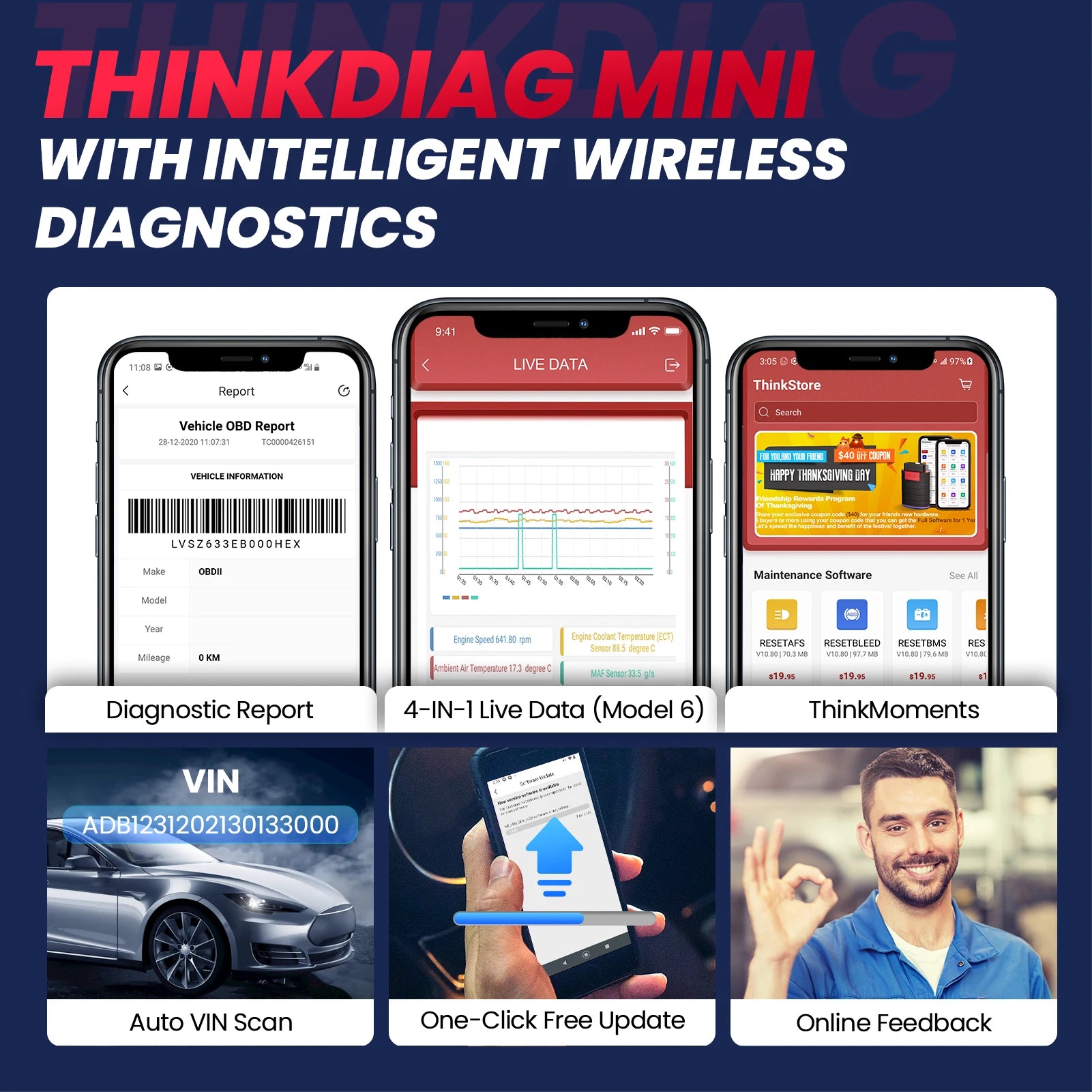 THINKCAR THINKDIAG MINI Auto OBD2 Bluetooth Scanner Full System Diagnostic Tool for All Cars - Free Lifetime Car Diagnostic Scan Tool