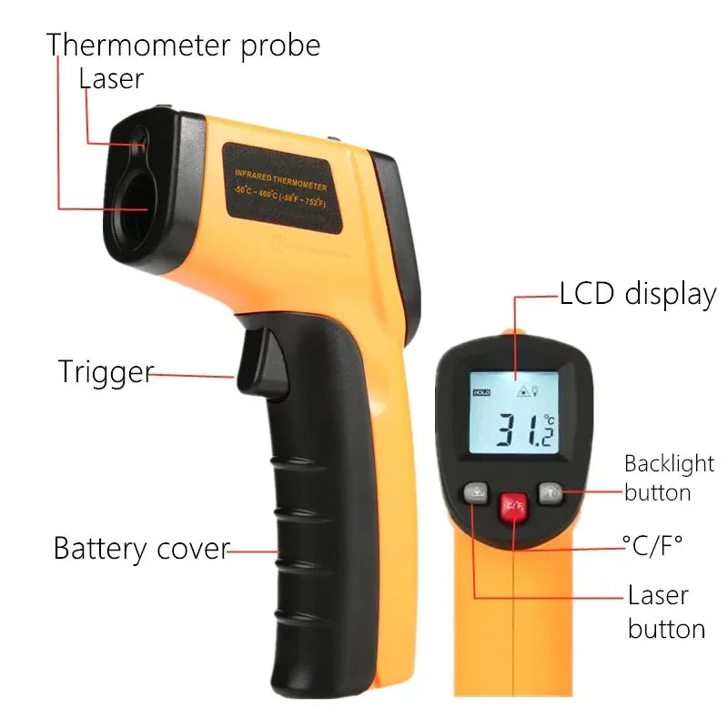 Thermomètre infrarouge, pistolet de température portable pour la cuisson, four à pizza, grill et moteur - Lecteur de température de surface laser