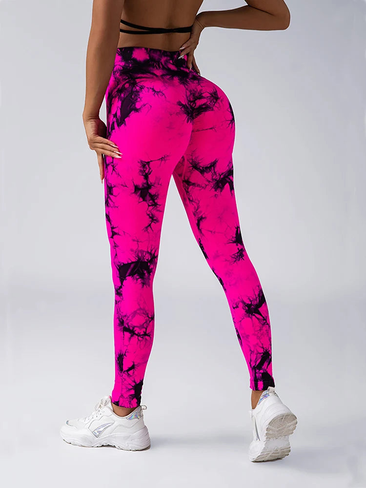 Collants femmes cravate colorant Leggings taille haute ascenseurs bout à bout contrôle du ventre Push Up sans couture pantalons de Yoga dames entraînement vêtements de sport