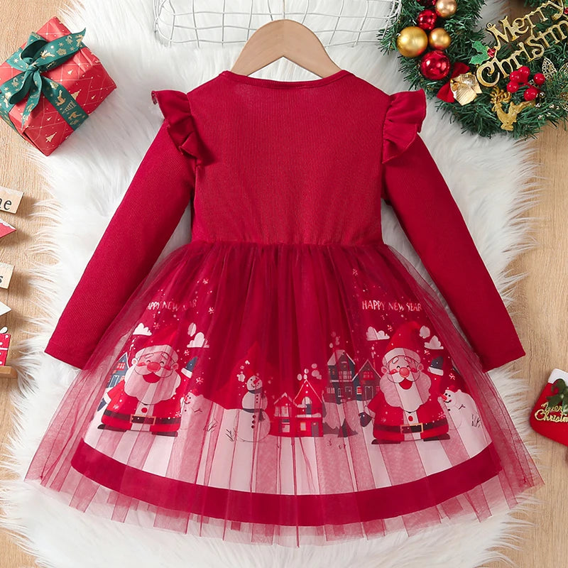 Robe de noël pour filles, tenue de princesse en Tulle à manches longues, imprimé père noël, robe de soirée pour enfants de 4 à 8 ans, automne hiver 2025