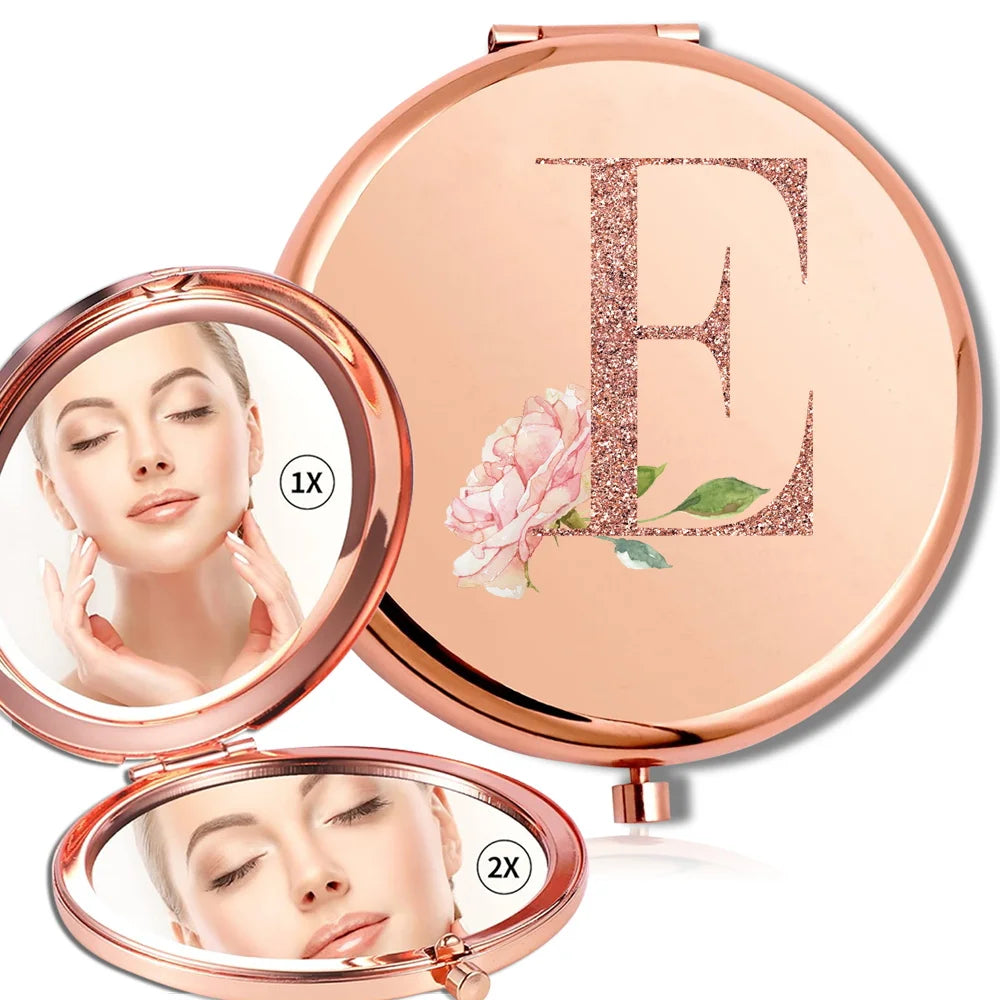 Miroir rond de maquillage grossissant Double face en métal, cosmétique, aspect Portable, verre, Compact, motif de lettres en or Rose