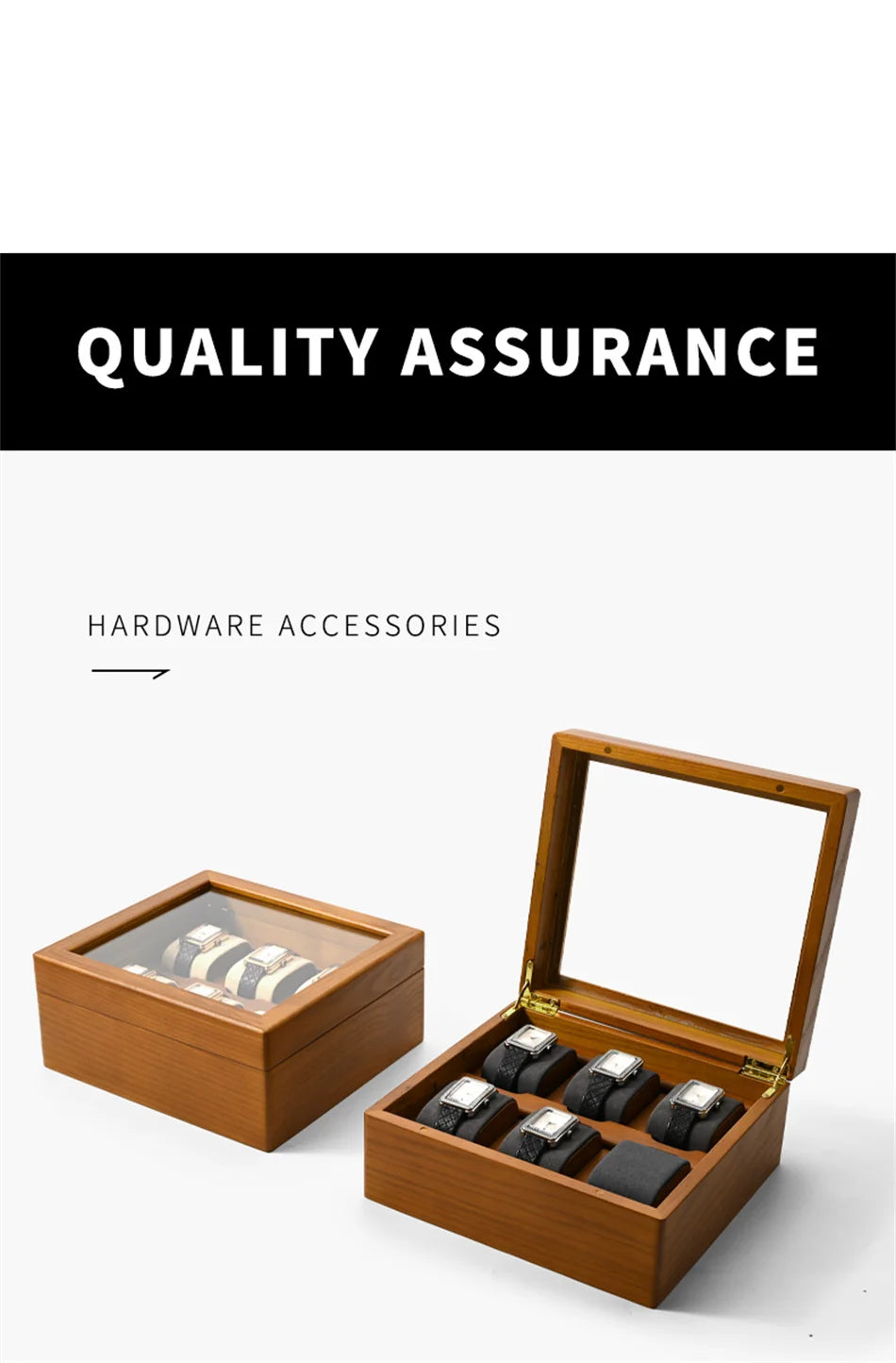 Oirlv boîte de rangement de montre en bois délicate couvercle en verre anti-poussière boîte de montre boîte de collecte de montre-bracelet affichage stockage boîte de montre à 6 grilles