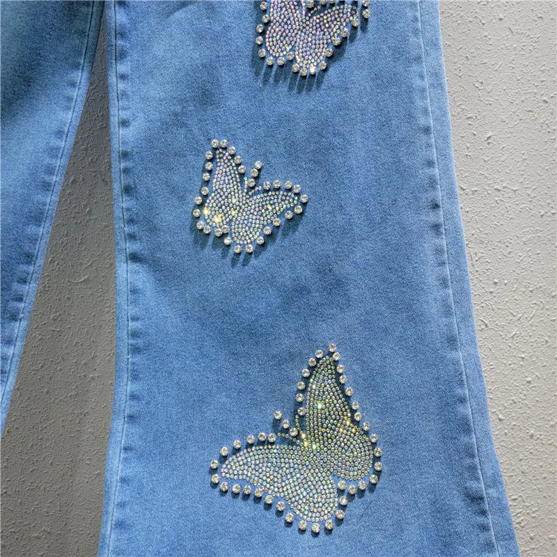 Women's high-waisted elastic jeans, floor-length pants, baggy pants, diamond beads, butterfly, wide leg, warm, casual, spring, autumn, new, 2025