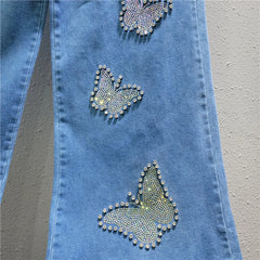 Women's high-waisted elastic jeans, floor-length pants, baggy pants, diamond beads, butterfly, wide leg, warm, casual, spring, autumn, new, 2025