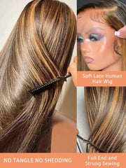 4/27 Highlight Right 13x6 13x4 HD Lace Front Human Hair Wigs 220 Density Brazilian Ombre Transparent Lace Front Wig 46 inches 