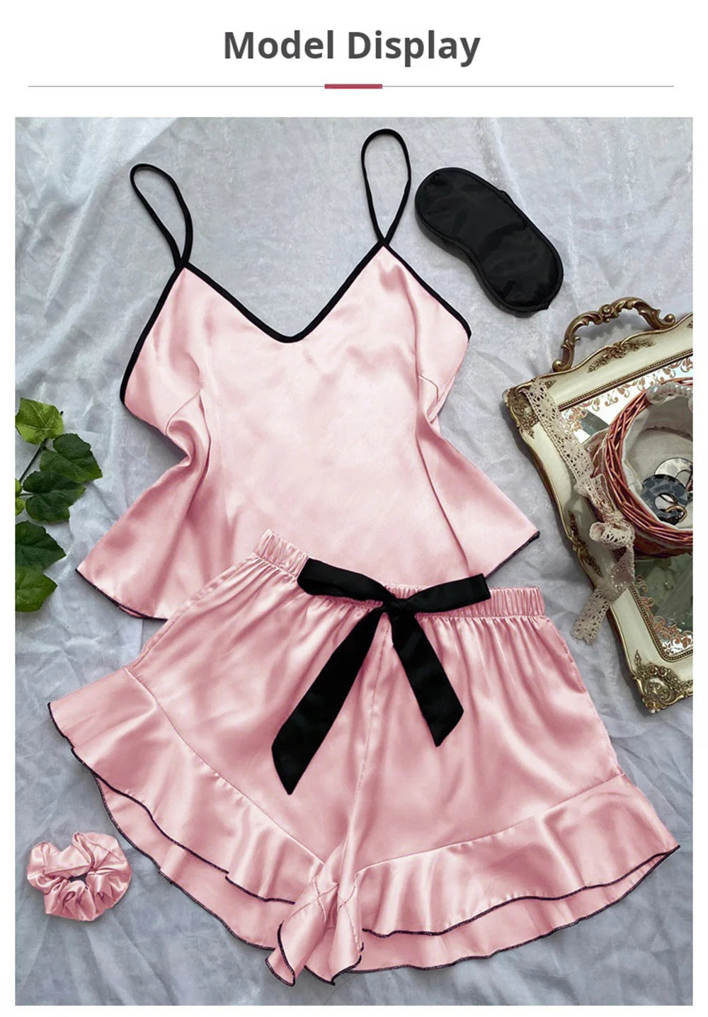 Pyjama en Satin lisse pour femmes, T-Shirt à col en v, bords à volants et short à nœud, ensemble pyjama Simple et respirant, vêtements de maison à bretelles