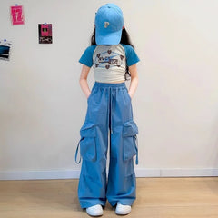 Girls' cargo pants, straight-leg spring pants with pockets, fashionable loose-fitting pants for teenagers aged 5 to 14