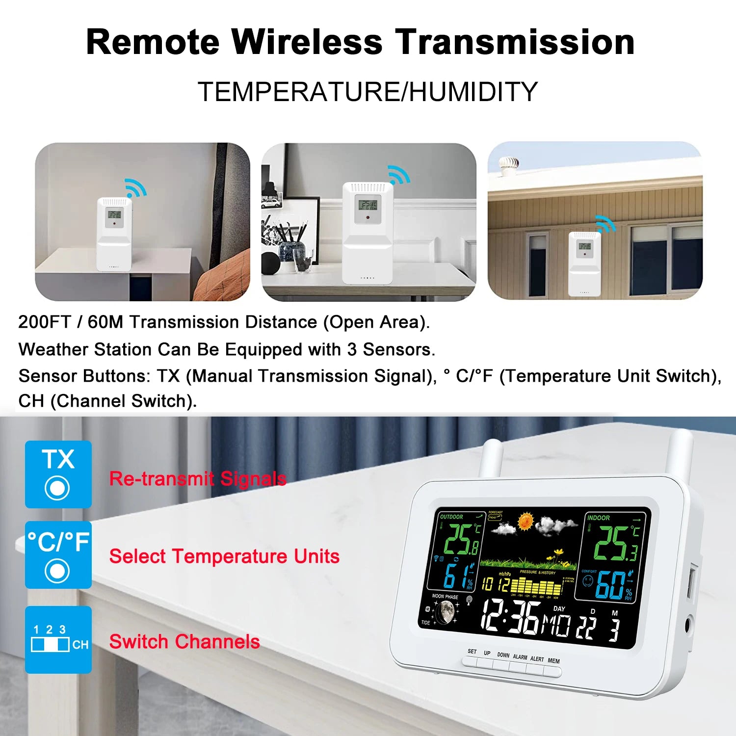 Station Météo Intelligente avec Sortie USB, Thermomètres et Hygromètres, Température, Humidité, Horloge, Pression Atmosphérique