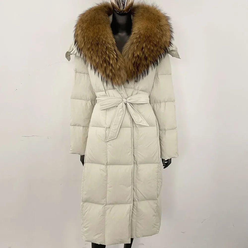 Veste d'hiver chaude et élégante pour femme, avec ceinture à capuche, simple boutonnage, col en vraie fourrure de renard, manteau épais et ample en duvet de canard blanc