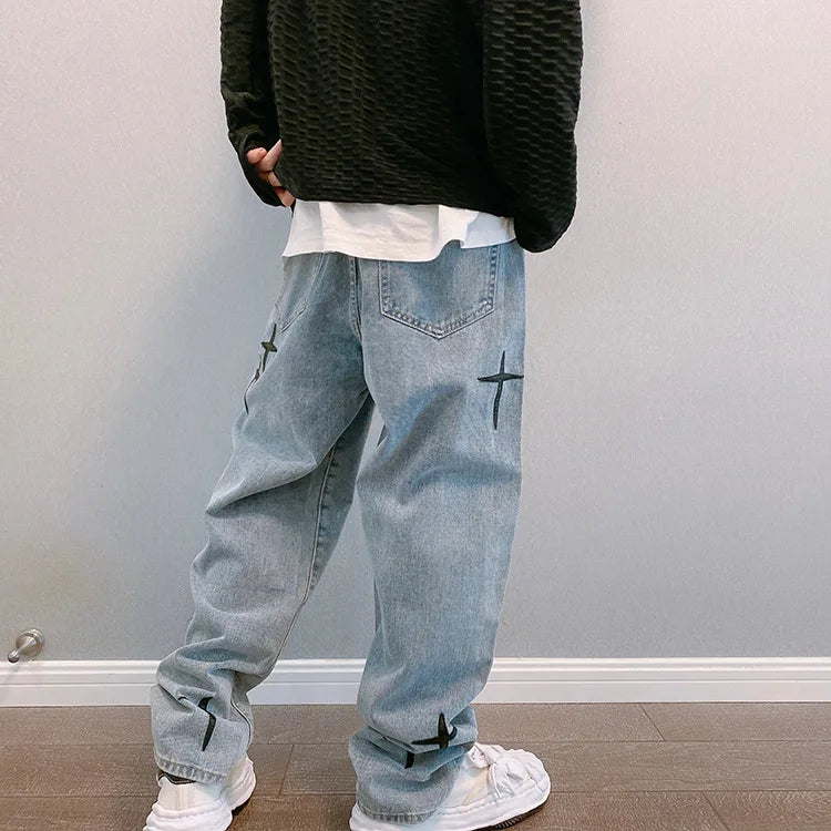 Men's printed jeans, streetwear, baggy, wide leg, Korean fashion, draped, straight, casual, loose fit, cargo pants, new 2023 collection