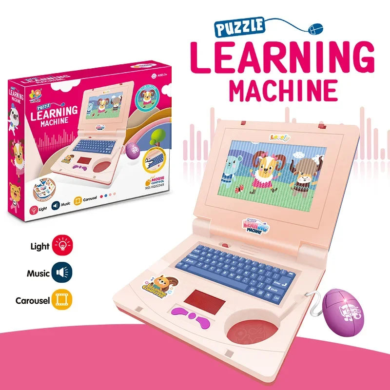 Machine d'apprentissage de Puzzle pour tout-petits, faux ordinateur portable de dessin animé avec musique légère, souris, Simulation d'ordinateur, jouets éclairants, cadeaux pour enfants