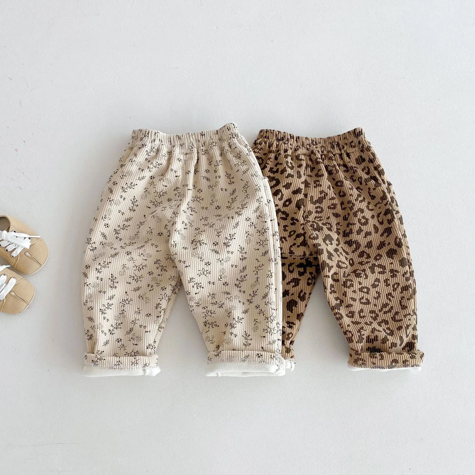 Vêtements coréens pour enfants de 0 à 5 ans, pantalons d'hiver chauds en velours côtelé imprimé Floral, doublés en polaire, pour bébés garçons et filles, 2025