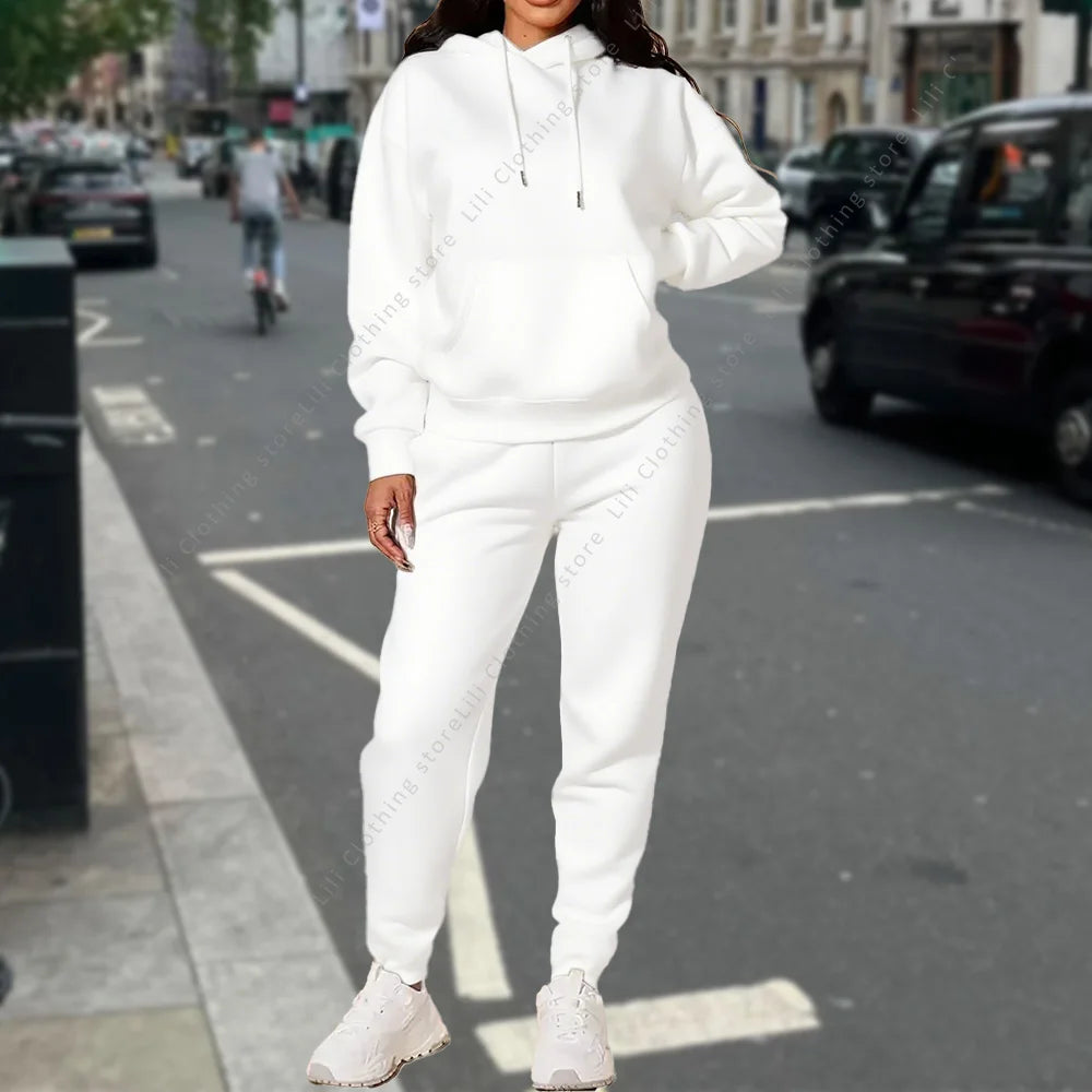 Ensemble deux pièces à capuche et pantalon pour femme, basique, vierge, automne-hiver, sweat-shirt surdimensionné, coupe ample, survêtement féminin