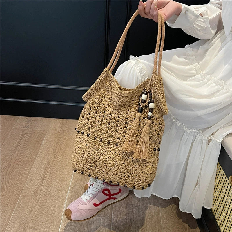 Sac à main tissé de grande capacité, sac à bandoulière ajouré, fourre-tout en Crochet, fourre-tout bohème tissé pour femmes, sacs de Shopping tricotés