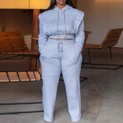 Ensemble deux pièces à la mode pour femmes, grande taille, sweat à capuche de couleur Pure, pantalon à jambes droites, avec cordon de serrage, tenue décontractée de Style de rue