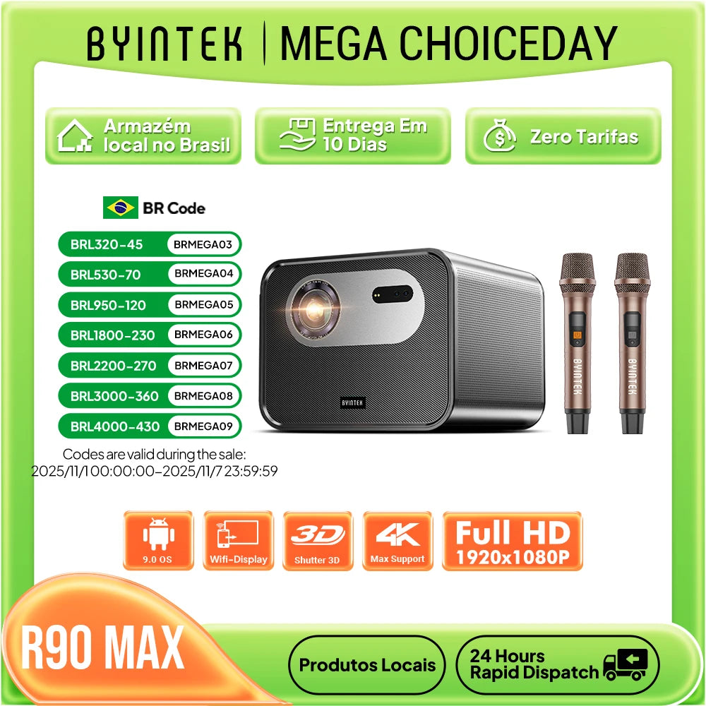 BYINTEK R90 Max Full HD 1080P projecteur 4K DLP 2200 ANSI Lumens Android TV 11.0 3D 4K pris en charge projecteur de cinéma maison intelligent