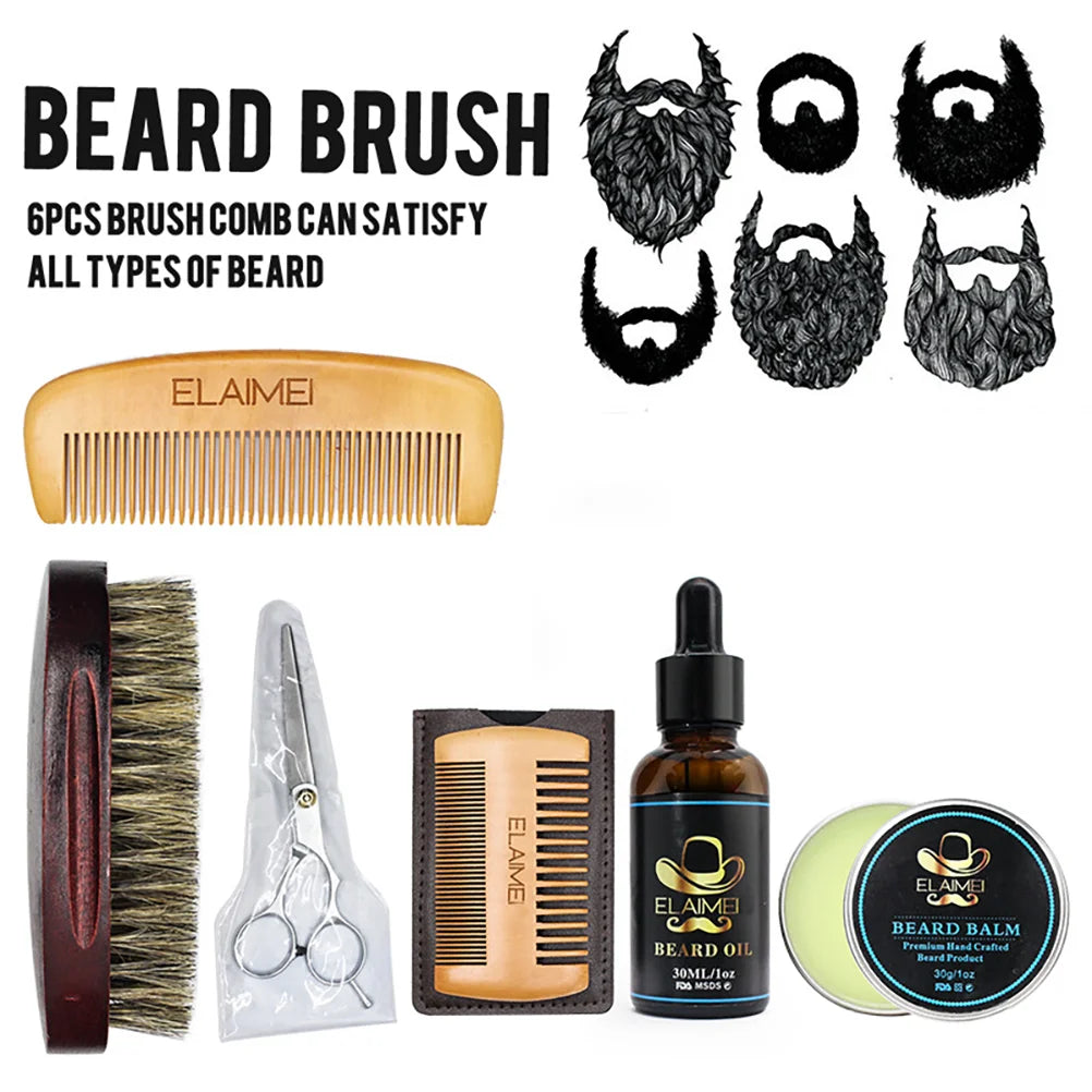 Kit de toilettage de barbe pour hommes, huile essentielle, baume avec ciseaux, peigne, brosse, ensemble de sang, style aléatoire, 03/Care, 6 pièces