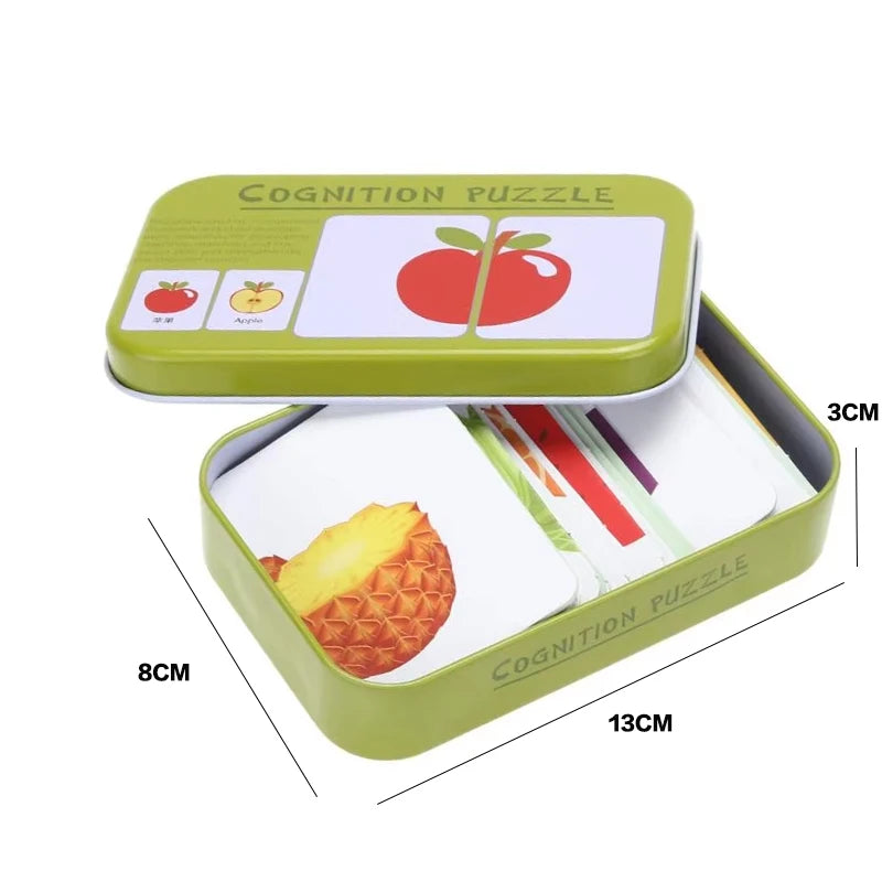 Bébé enfants Cognition Puzzles jouets enfant en bas âge boîte de fer cartes correspondant jeu cartes cognitives véhicule fruits animaux vie ensembles paire Puzzles