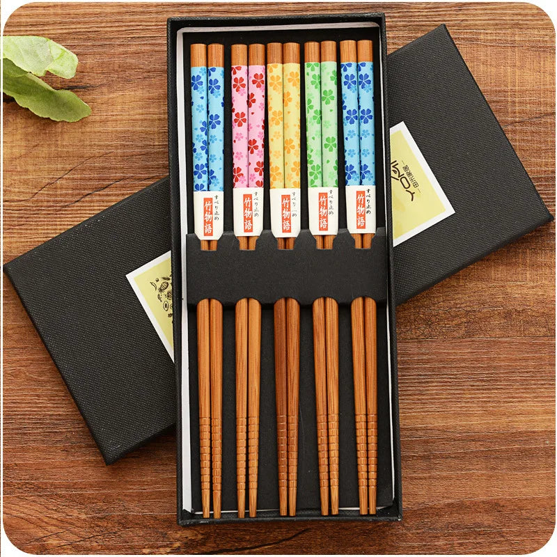 Ensemble de baguettes en bambou antidérapantes, 5 paires, vaisselle japonaise en bois naturel, nourriture pour Sushi, ensemble de baguettes longues multicolores pour la maison