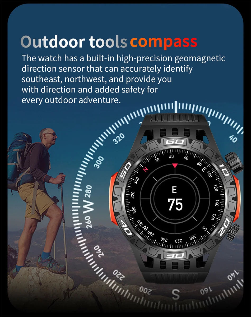 Montre intelligente étanche avec éclairage LED pour homme, boussole, tracker de fitness sportif, IP68, Bluetooth, conversation, Android, iOS