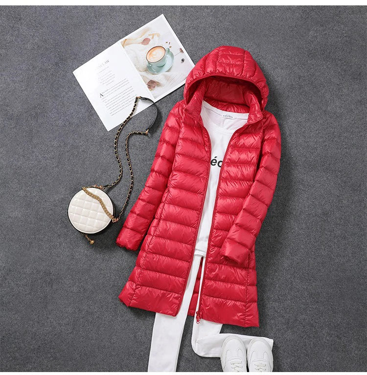 Femme printemps rembourré à capuche longue veste blanc canard vers le bas femme pardessus Ultra léger mince solide vestes manteau Portable Parkas