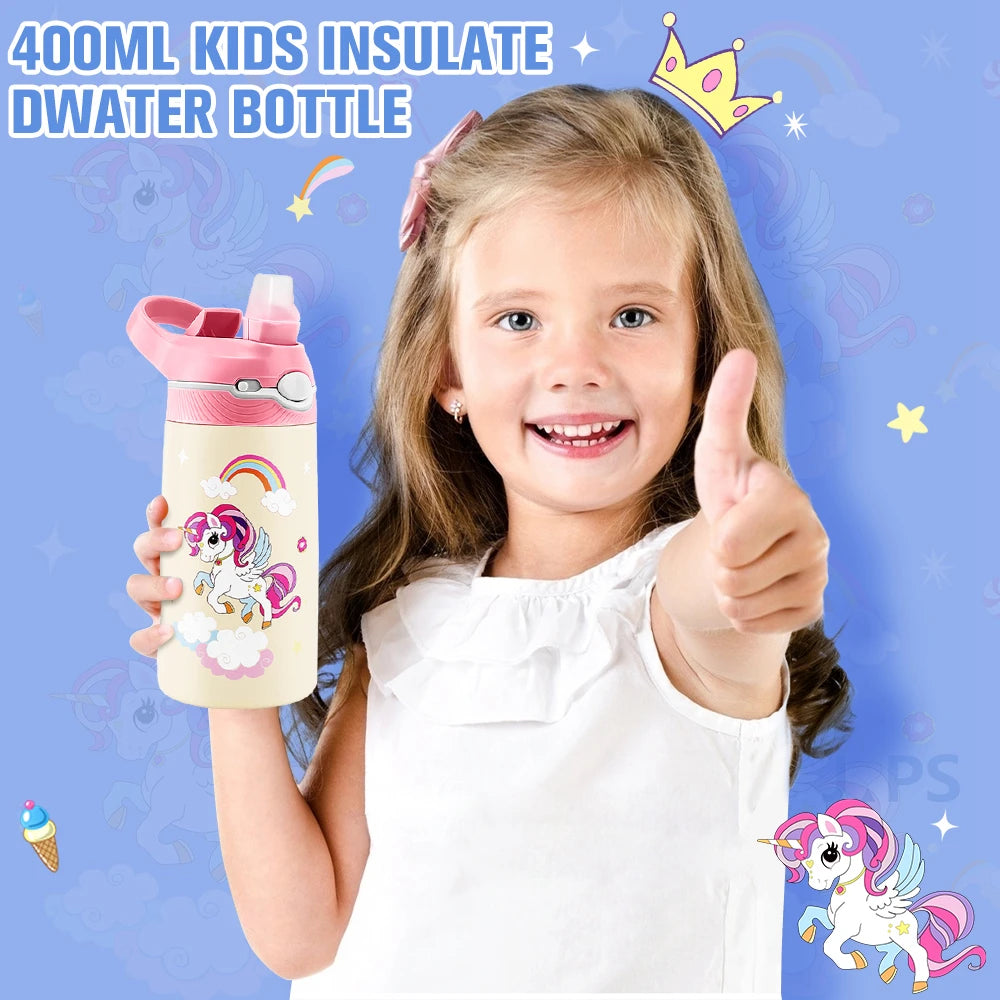 400ML enfants bouteille d'eau dessin animé Animal tasse pour enfants avec paille en acier inoxydable flaques sous vide bouteille Thermos tasse thermique tasses