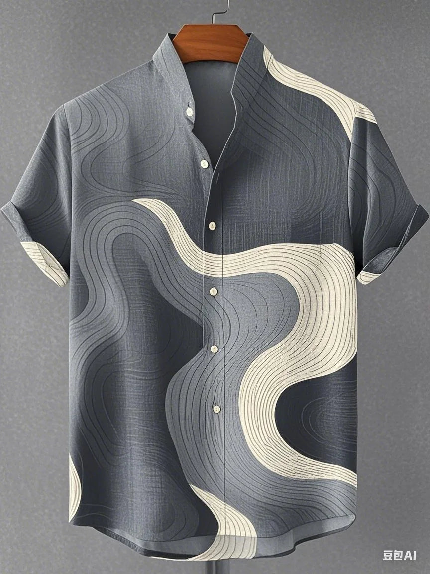 Chemise à manches longues et col montant pour homme, nouvelle collection printemps-automne, impression en 3D, rayures irrégulières